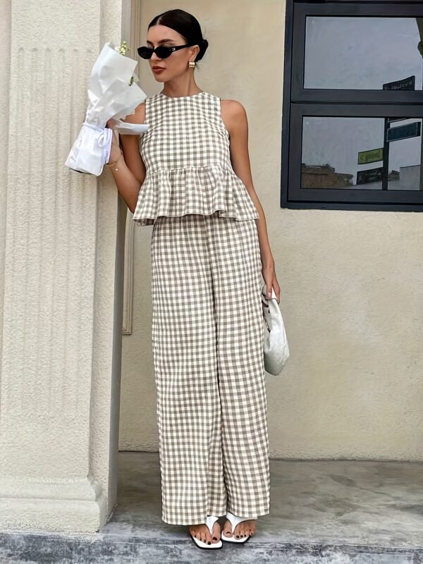 Women's Stylish Gingham Two - Piece Set: Sleeveless Peplum Top & Wide - Leg Trousers