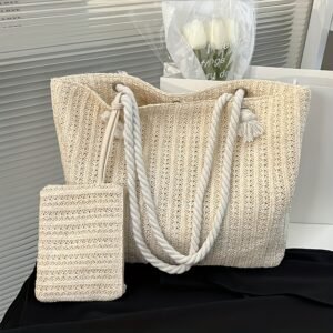 Summer Woven Large Capacity Straw Shoulder Bag Handamde Top Handle Tote Bag with Small Purse