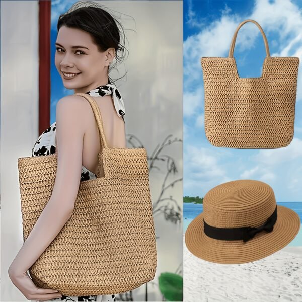 1 Set Women'S Shoulder Straw Woven Bag + Fashionable Sun Hat
