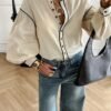Women's Contrast Trim Stand Collar Button-Up Shirt