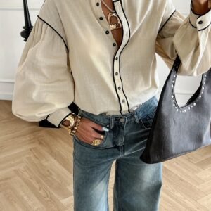 2abf1095-b604-47b5-8b82-fd8dfe94463c.jpg Women's Contrast Trim Stand Collar Button-Up Shirt