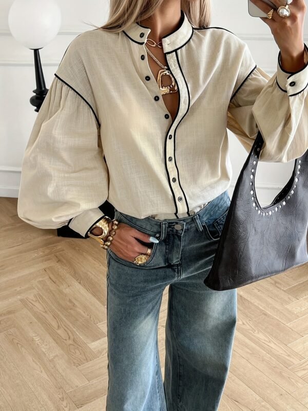 Women's Contrast Trim Stand Collar Button-Up Shirt