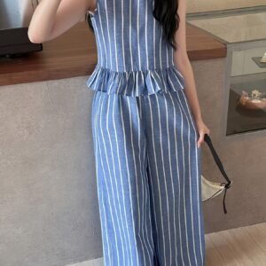 Blue Stripe Sleeveless Top & Straight-Leg Pants Set