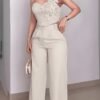 Apricot 3D Floral Off-Shoulder Pants Set