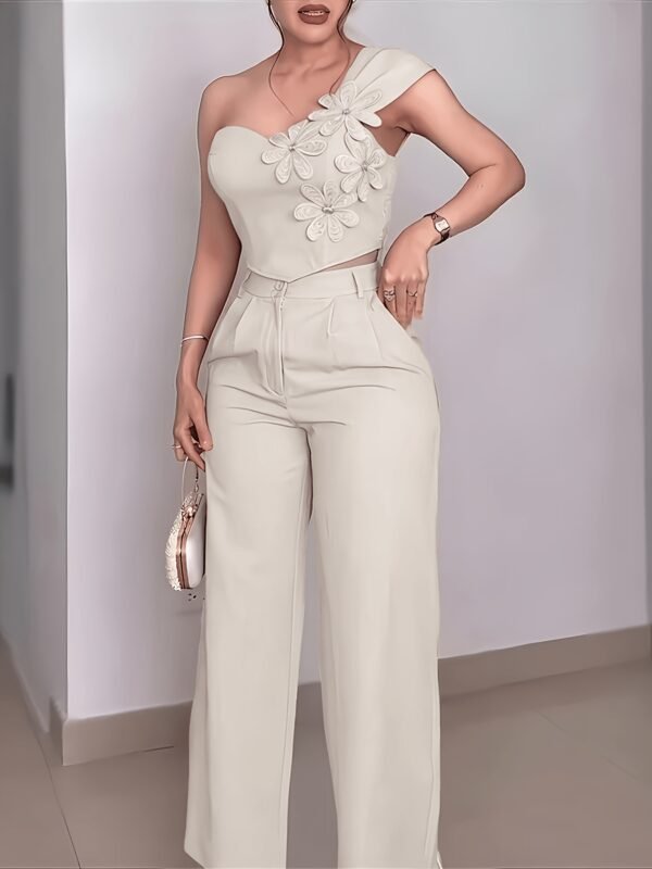 Apricot 3D Floral Off-Shoulder Pants Set