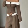 Women's Color-Block Long Sleeve Top & Wide Leg Pants Set – Dark Brown