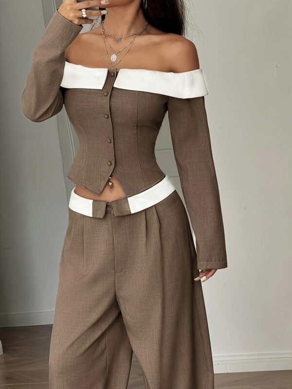 Women's Color-Block Long Sleeve Top & Wide Leg Pants Set – Dark Brown