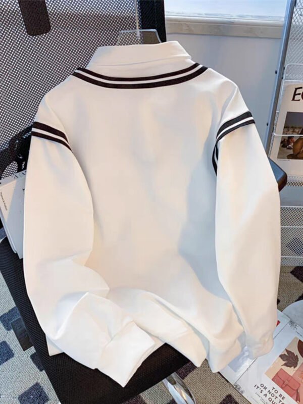 American Retro College Style Color-Block Fake Two-Piece Polo Collar Long Sleeve Top for Women