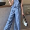 3ddca2fb-242d-4c68-8a6c-2fc0f8174b41.jpg Blue Stripe Sleeveless Top & Straight-Leg Pants Set