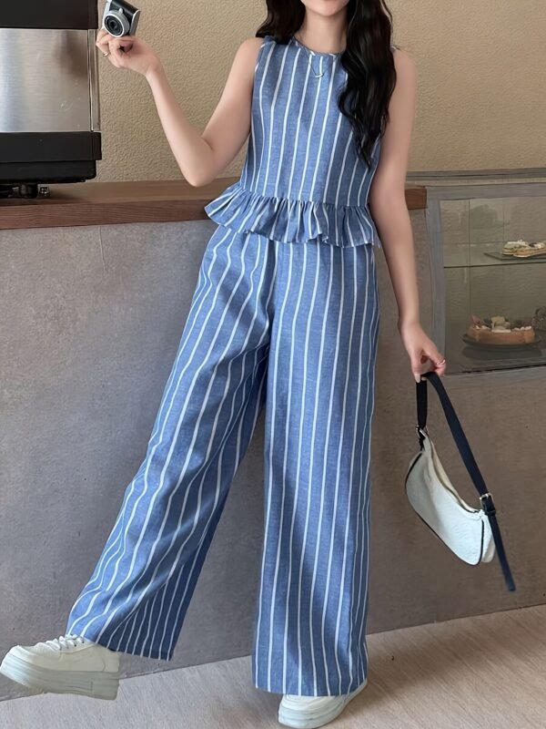 3ddca2fb-242d-4c68-8a6c-2fc0f8174b41.jpg Blue Stripe Sleeveless Top & Straight-Leg Pants Set