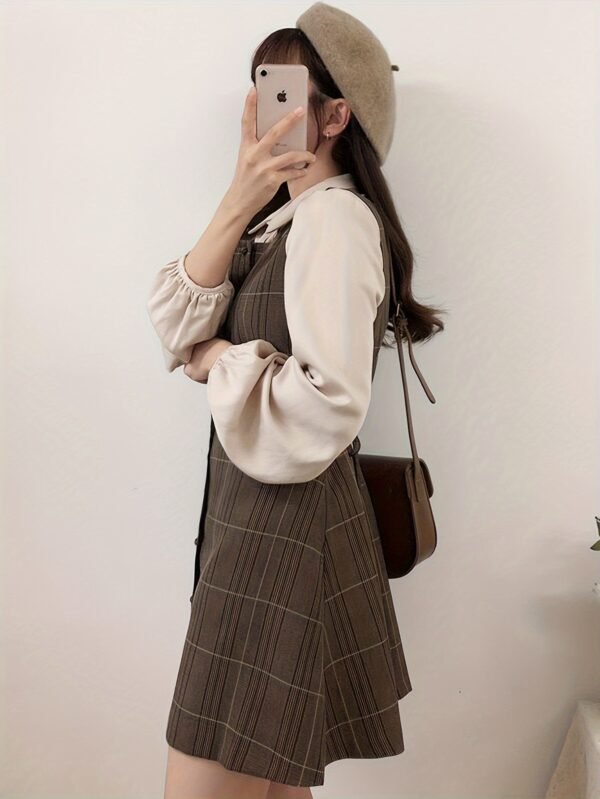 Women's Long Sleeve Shirt & Plaid Vest Dress Two-Piece Set