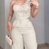 Apricot 3D Floral Off-Shoulder Pants Set