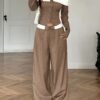 Women's Color-Block Long Sleeve Top & Wide Leg Pants Set – Dark Brown