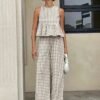 Women's Stylish Gingham Two - Piece Set: Sleeveless Peplum Top & Wide - Leg Trousers