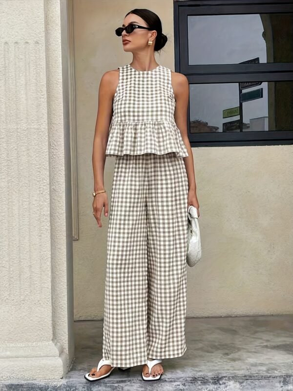 Women's Stylish Gingham Two - Piece Set: Sleeveless Peplum Top & Wide - Leg Trousers