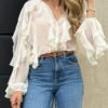 Ruffle Trim Button-Front Long Sleeve Blouse