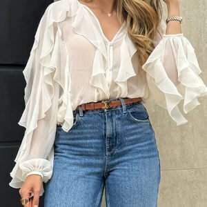 6388b71d-2ed8-4700-bb78-d296fce125ea.jpg Ruffle Trim Button-Front Long Sleeve Blouse