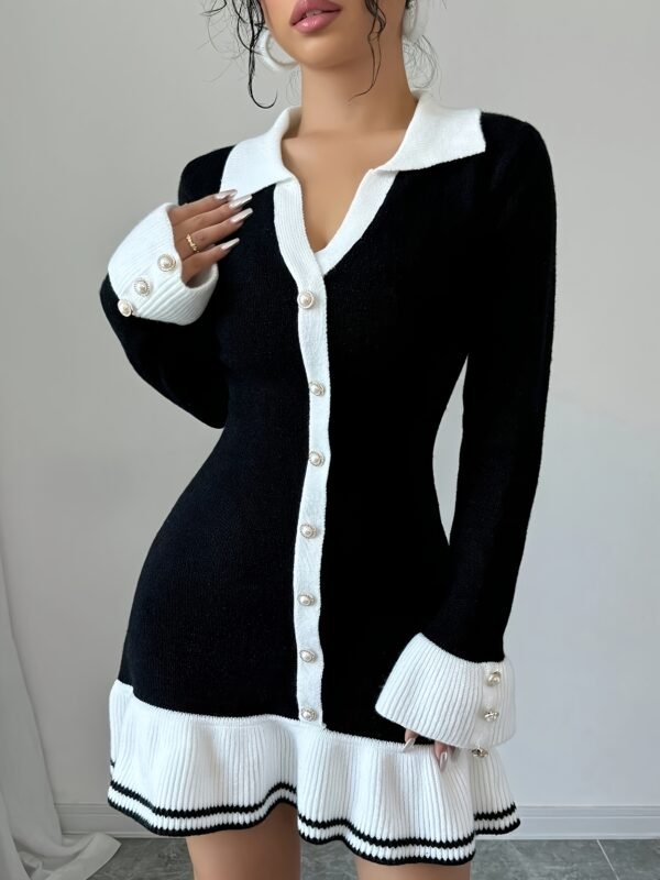 6ae4530e-8008-4440-add3-fa768bd782b7.jpg Women's Elegant Color-Block Lapel Sweater Mini Dress