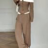 Women's Color-Block Long Sleeve Top & Wide Leg Pants Set – Dark Brown