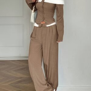934d66e1-89d8-4807-973a-29a2d6be1b33.jpg Women's Color-Block Long Sleeve Top & Wide Leg Pants Set – Dark Brown