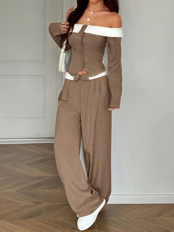 Women's Color-Block Long Sleeve Top & Wide Leg Pants Set – Dark Brown
