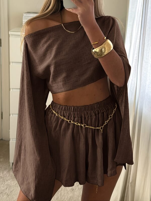 9bf2758b-8962-4d77-9cfe-344d2dd276e0.jpg Women'S Spring Summer Solid Color Short Two-Piece Set Coffee Brown Colour