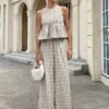 Women's Stylish Gingham Two - Piece Set: Sleeveless Peplum Top & Wide - Leg Trousers