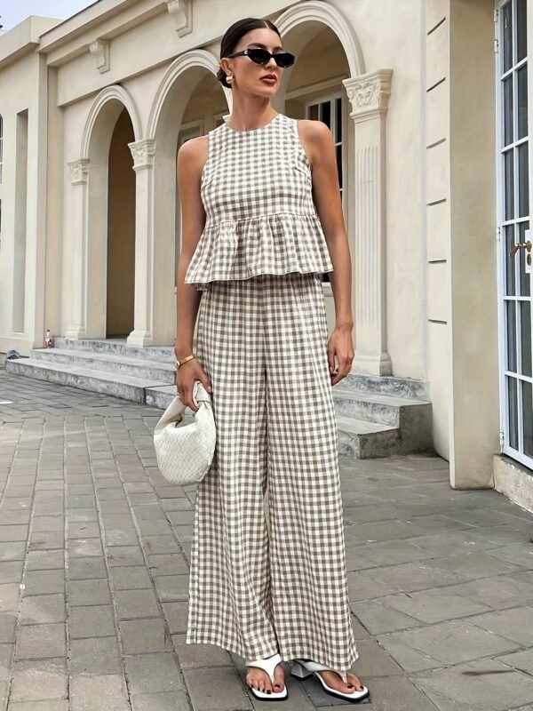 Women's Stylish Gingham Two - Piece Set: Sleeveless Peplum Top & Wide - Leg Trousers
