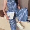 9e45bfb4-e800-40b5-bed4-b89b1e9ba0fa.jpg Blue Stripe Sleeveless Top & Straight-Leg Pants Set