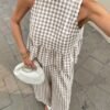 Women's Stylish Gingham Two - Piece Set: Sleeveless Peplum Top & Wide - Leg Trousers