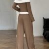 Women's Color-Block Long Sleeve Top & Wide Leg Pants Set – Dark Brown