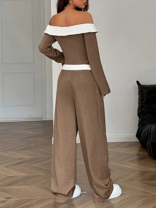 Women's Color-Block Long Sleeve Top & Wide Leg Pants Set – Dark Brown