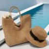 1 Set Women'S Shoulder Straw Woven Bag + Fashionable Sun Hat