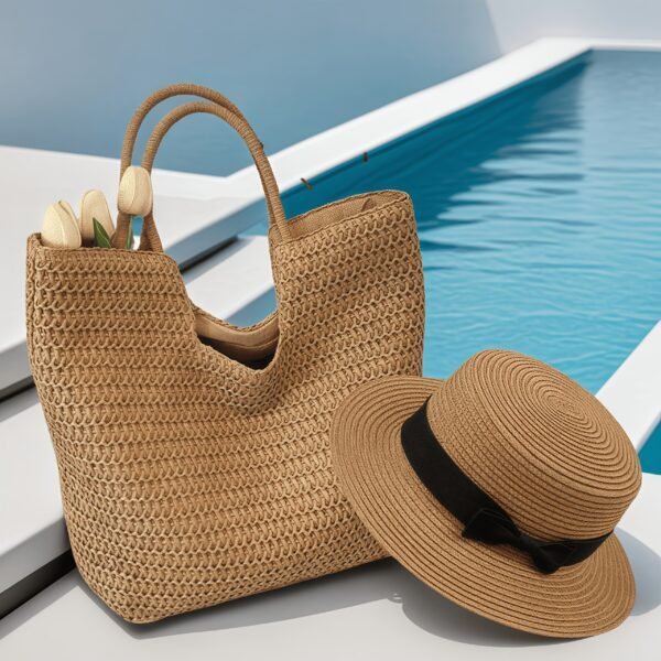 1 Set Women'S Shoulder Straw Woven Bag + Fashionable Sun Hat