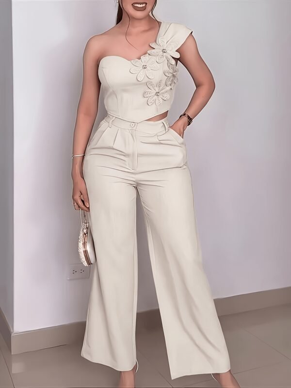 Apricot 3D Floral Off-Shoulder Pants Set