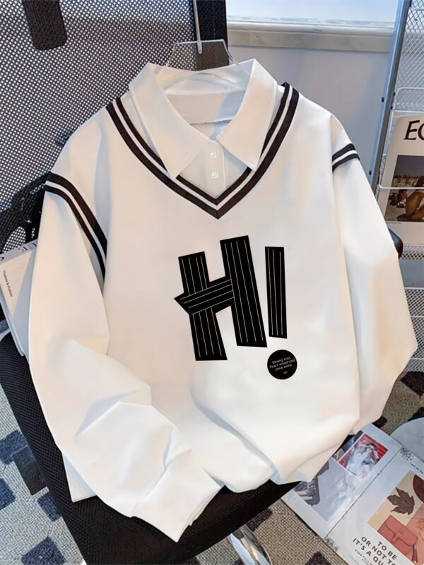 American Retro College Style Color-Block Fake Two-Piece Polo Collar Long Sleeve Top for Women
