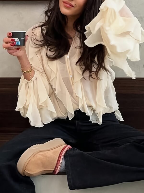 Ruffle Trim Button-Front Long Sleeve Blouse
