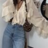 Ruffle Trim Button-Front Long Sleeve Blouse
