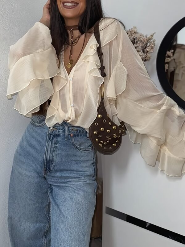 Ruffle Trim Button-Front Long Sleeve Blouse